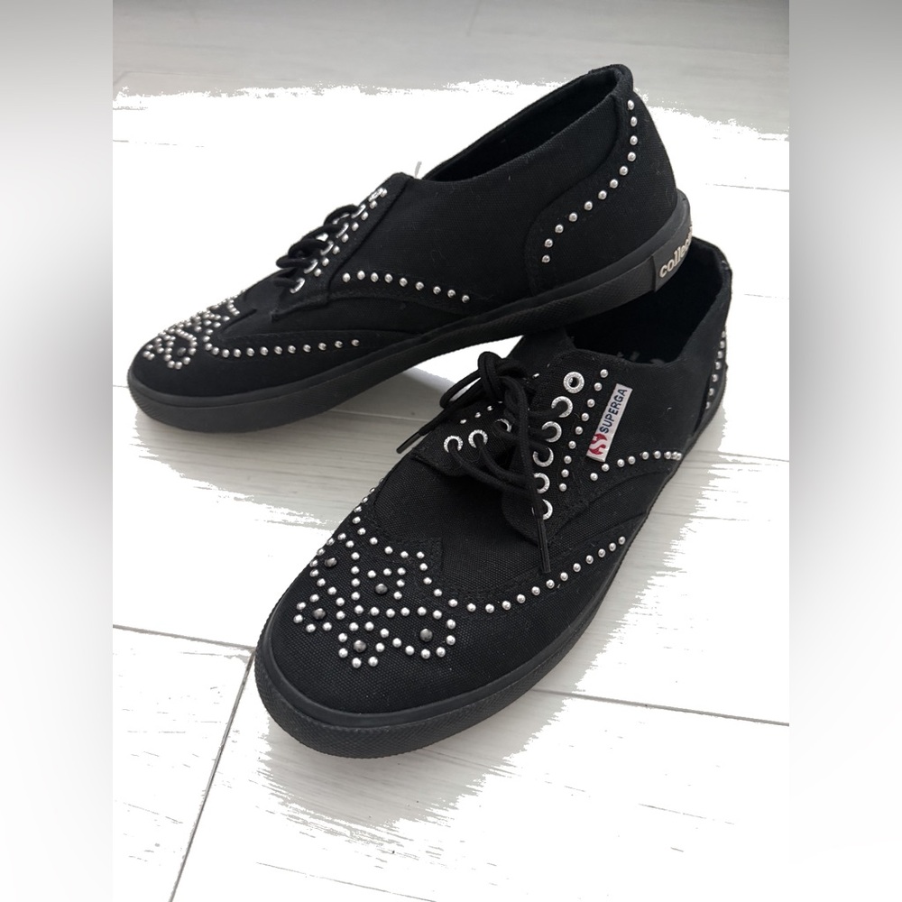 Superga Black Studded Canvas Derby Sneakers